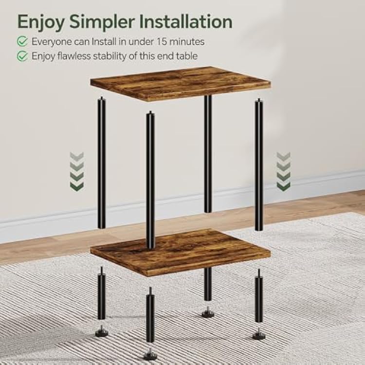 Simple Trending Side Table, Small End Table Living Room, Nightstand with 2 Tier Storage Shelves, Rustic Brown