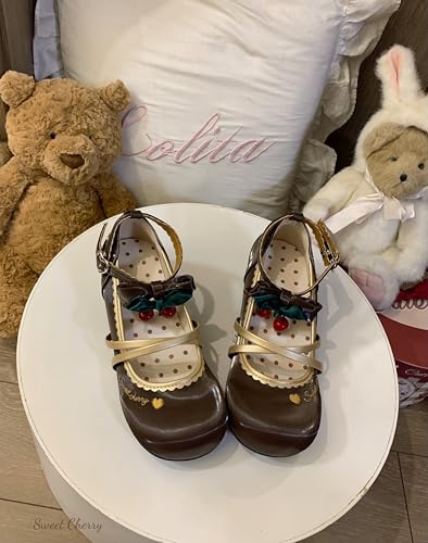 Women's Kawaii Detachable Cherry Bowknot Mary Jane Heels Sweet Lolita Round Toe Cross Strap Pumps Cute Ankle Strap Shoes2