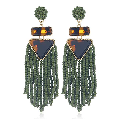 Beaded Tassel Drop Earrings Leopard Print Triangle Dangle Earrings Boho Style Colorful Rice Beads Long Drop Earrings Bohemian Beaded Fringe Statement Earrings for Women Girls - green