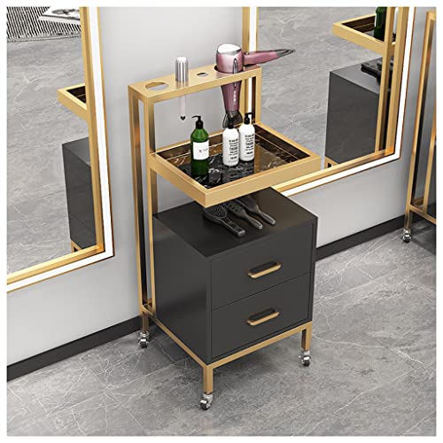 Carrito de peluquería con estante de almacenamiento para secador de pelo, carrito de herramientas profesional para salón de belleza con 2 cajones y barandilla, carrito utilitario de gama alta para