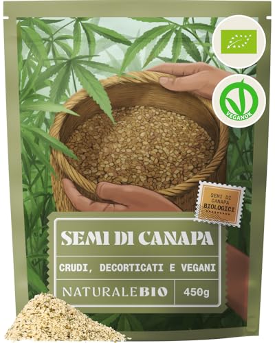 naturalebio semi di canapa 450g. biologici, vegani e non ogm. fonte di proteine vegetali, ricchi di omega 3 e 6, sostengono cuore, ossa e muscoli