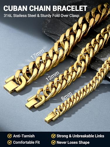 Image of PROSTEEL Bracelets for Men Cuban Link Mens Bracelet Stainless Steel, 14K Gold Plated /Silver /Black, 6 /8 /12 /17mm Width, 7.5 inch /8.3 inch /9 inch Length with Gift Box
