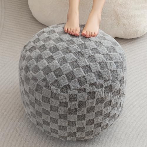 Image of HIGOGOGO Round Stuffed Pouf Ottoman, Plaid Poufs with Foam Chunk Filling, Fluffy and Furry Pouf Foot Stool Storage Ottoman, 20 X 15 Floor Poufs Foot Rest for Living Room, Grey