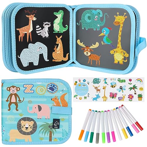 Qrytoi Erasable Doodle Set for Kids - Reusable Magic Drawing Book with 12 Watercolor Pens 14 Page Drawing, Road Trip Car Game Writing Painting Set for Boys and Girls (Blue Zoo)