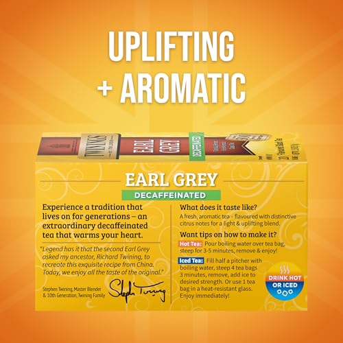 Image of Twinings Decaffeinated Earl Grey Black Tea Individually Wrapped Bags, 20 Count (Pack of 2), Flavoured with Citrus and Bergamot, Enjoy Hot or Iced, 20 Teabags