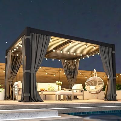 10' x 12' Louvered Pergola, Metal Outdoor Pergola with Adjustable Louvered Roof, Curtains & Netting, Patio Hardtop Gazebo with Gutter System for Deck, Garden, Yard, Dark Gray