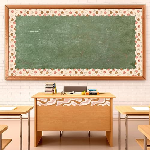 Image of Whaline 82 Ft Retro Groovy 70s Bulletin Board Borders Boho Flower Face Checkered Trim Border Chocolate Color Floral Bulletin Board Stickers for Back to School Classroom Office