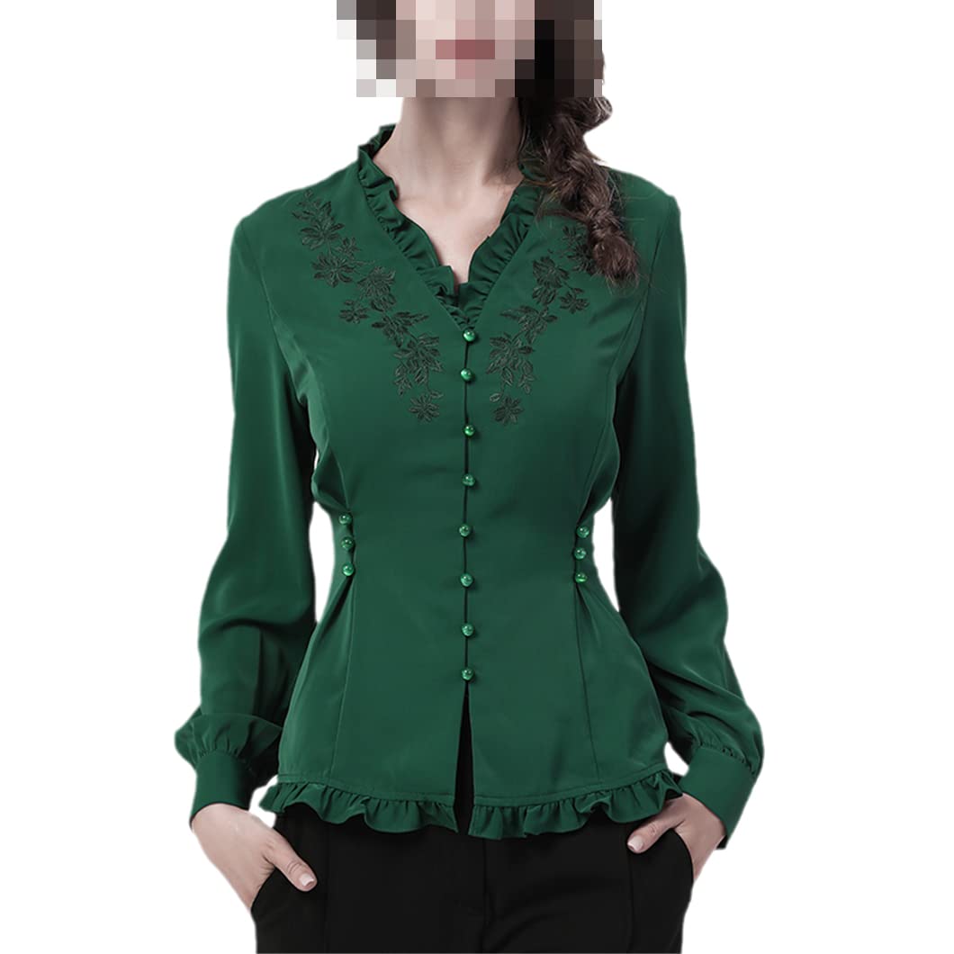 Disimlarl Vintage haft damska koszula marszczona dekolt w serek satynowy top elegancka wąska tunika bluzki, Ciemny Gn, L