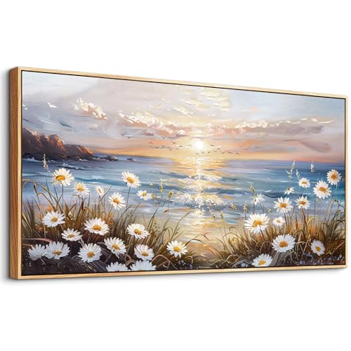 PHAOHUAXM Large Wall Art For Living Room Canvas Wall Decor For Office Bedroom Decorations Blue Ocean Landscape Wall Pictures Artwork Modern Beach Posters Aesthetic Home Decor Wood Framed 24"x48"