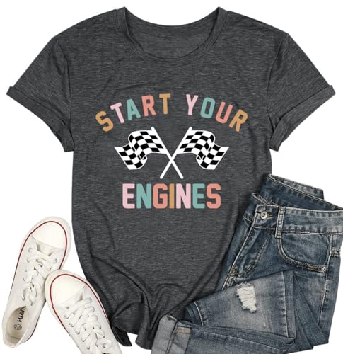 Start Your Engines Shirt for Women Racing Car Tshirts Vintage Checkerd Flag Graphic Tee Tops