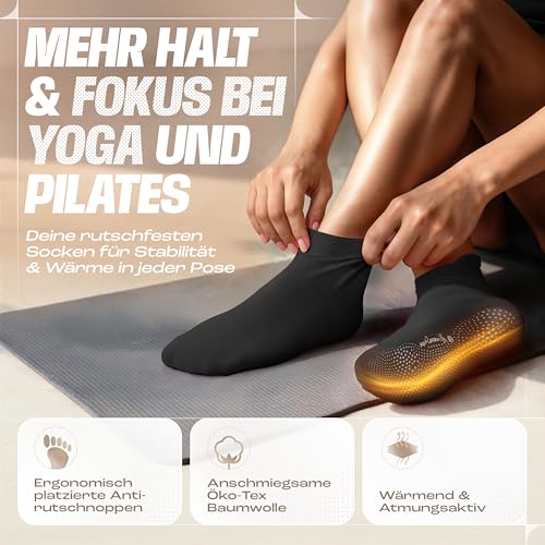 NirvanaShape Yoga & Pilates Socken [39-41, Schwarz] - Rutschfeste Yogasocken mit ABS Noppen für Damen u. Herren - Anti-Rutsch Stoppersocken aus bequemer Baumwolle [ÖKO TEX zertifiziert]