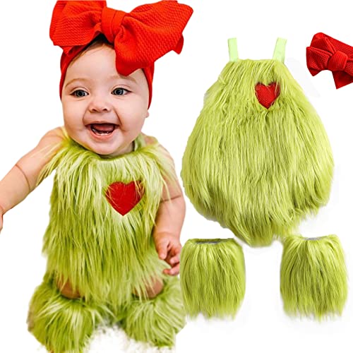 Yoisdtxc Baby Christmas Grinch Costume Heart Applique Halter Neck Sleeveless Romper+ Solid Color Bowknot Headband+ Leg Warmer (Green, 12-18 Months)