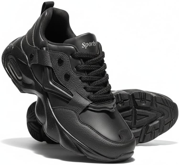 Sports Chunky Sneakers for Men, Black, Air Cushion Sole, Lace-Up Athletic Shoes