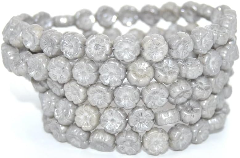 150 pcs Hawaii Flower Pressed Glass Beads, White Luster Brown Full Coated (02010-14413), 8 mm, Glass, Czech Republic