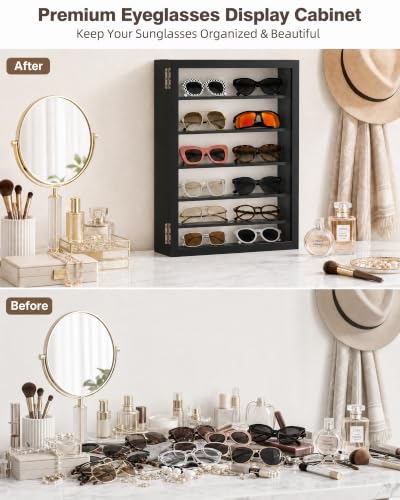 Image of TJ.MOREE Sunglasses Organizer Storage Wall Mounted: 13 x 15.6 inches Eyewear Display Case 6 Tier Rustic Wood Eyeglasses Holder Large Glasses Storage Box,Black