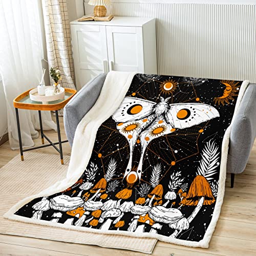 Sun And Moon Fleece Blanket,Black White Moth Throw Blanket,Geometric Constellation Stars Sherpa Plush Blanket For Kids Girls Teens Bedroom Decor,Trippy Hand Drawn Mushroom Flannel Fuzzy Blanket,40X50 #TOP1