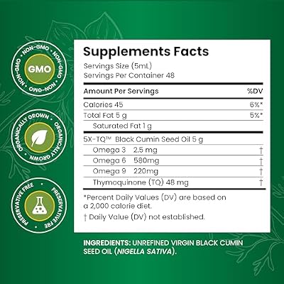 زيت الأعشاب الأسود الفاخر المذهل - خالٍ من الغلوتين ، غير معدّل وراثيًا ، Nigella Sativa Aids في صحة الجهاز الهضمي ، دعم المناعة ، وظيفة الدماغ - 8 Fl Oz (حزمة 2)