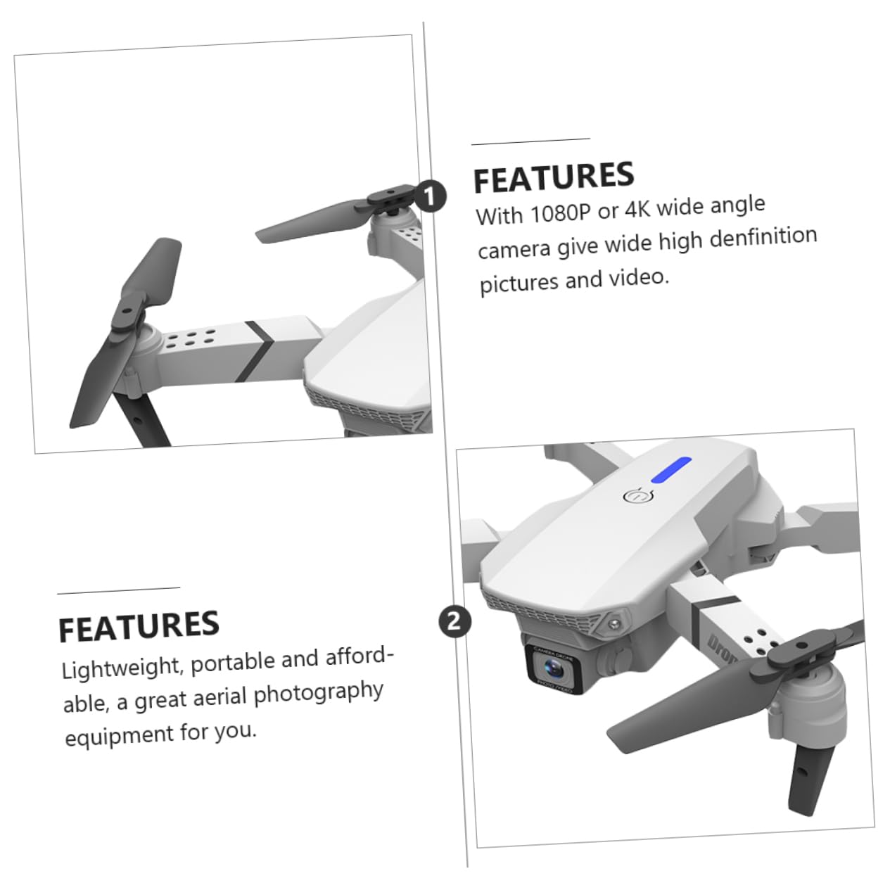 TOYANDONA Drone E525 Doppia Telecamera 4k, Quadricottero Pieghevole in Plastica Bianca, Trasmissione in Reale, Connettività App per Riprese Aeree