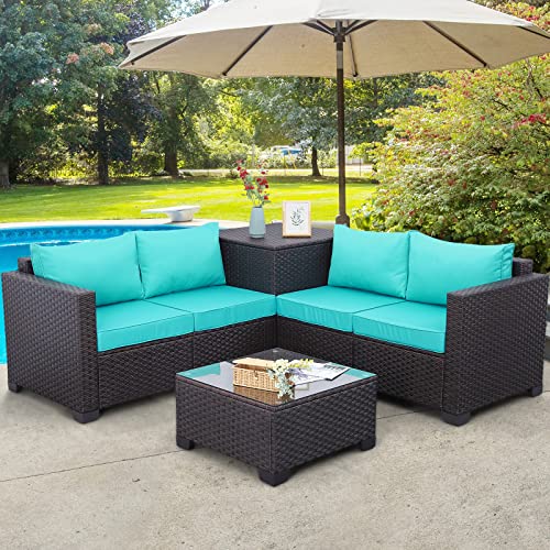Outdoor Pe Wicker Furniture Set 4 Piece Patio Dark Brown Rattan Sectional Loveseat Couch Set Conversation Sofa With Storage Box Glass Top Table And Non-Slip Turquoise Cushion #TOP16