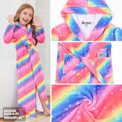 Image of Jxstar Girls Bathrobes Kids Long Hooded Robes Plush Full Length Coral Fleece Pajamas Sleepwear