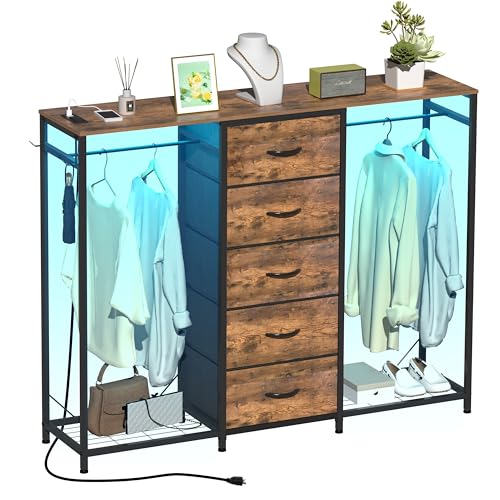 Trironsun Cómoda de 5 cajones con perchero con barra para ropa luces LED armario cajones estación