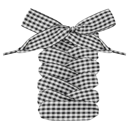 Endoto 25MM Gingham Shoe Laces Plaid Checkered Ribbon Satin Flat Shoelaces Strings for Women Sneakers(Color:Black Size:47Inch)