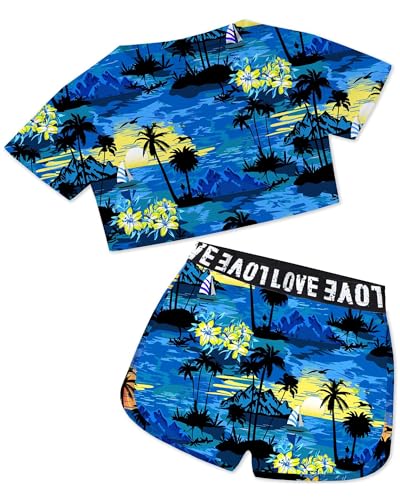Image of Betusline Girls Summer 2 Piece Outfits,Kids Short Sleeve Crop Top & Shorts Set with Side Pockets