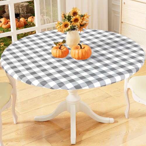 misaya Round Fitted Tablecloth with Elastic Edge, Buffalo Plaid Waterproof Vinyl Flannel Backed Table Cloth Cover Fits 31"-35" Round Tables for Dinner, Outdoor, Picnic, Grey White Check