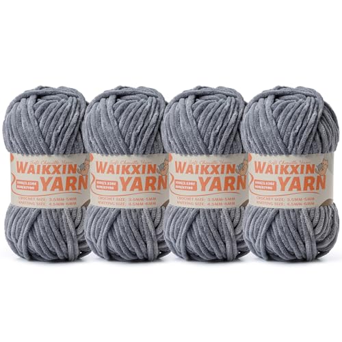Image of (4 Grey) 4 Pack Super Soft Fuzzy Chenille Chunky Yarn for Crocheting, 400g (350yds) Fluffy Velvet Yarn for Hand Knitting Baby Blankets Weaving Craft