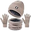 Winter Beanie Hat Circle Scarf Touchscreen Gloves Set, Skull Cap Gloves Neck Warmer Set with Fleece Lined for Men Women, Khaki Vertical Stripes