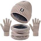 Winter Beanie Hat Circle Scarf Touchscreen Gloves Set, Skull Cap Gloves Neck Warmer Set with Fleece Lined for Men Women, Khaki Vertical Stripes