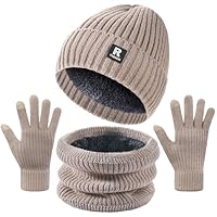 Winter Beanie Hat Circle Scarf Touchscreen Gloves Set, Skull Cap Gloves Neck Warmer Set with Fleece Lined for Men Women, Khaki Vertical Stripes