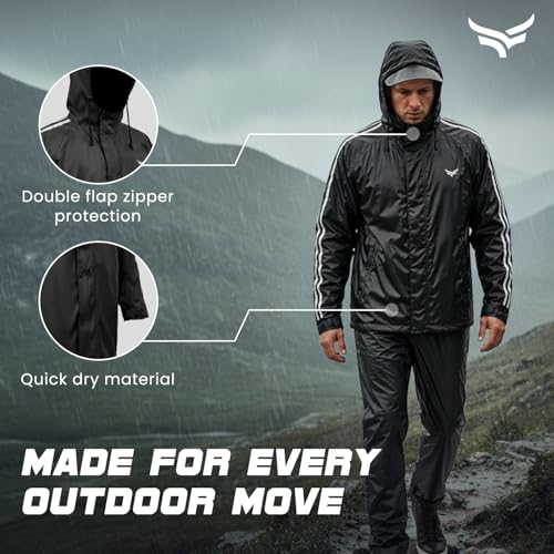 Image of Xtrim Rain Jacket Set for Men with Hood, Waterproof Top & Bottom Raincoat Suit, Windproof Polyester PVC Rainwear with Reflective Trim, Lightweight Foldable Outdoor Rain Gear for Bike Riding & Travel
