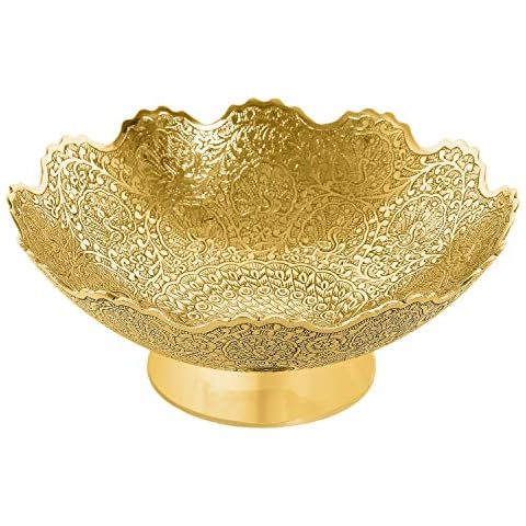 Zap Impex Brass Decorative Dry Fruit Bowl Carving Work Size 9 Beautiful Golden Colour Peacock Design Kitchenware Gift, 1 Cover