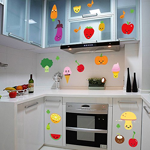 Bibitime Fruit Wall Decals Kitchen Art Stickers Strawberry Mushrooms Green Vegetables Pumpkin Watermelon Carrot Eggplant Cherry Orange Ice Cream Lockers Window Tile Decor #TOP2