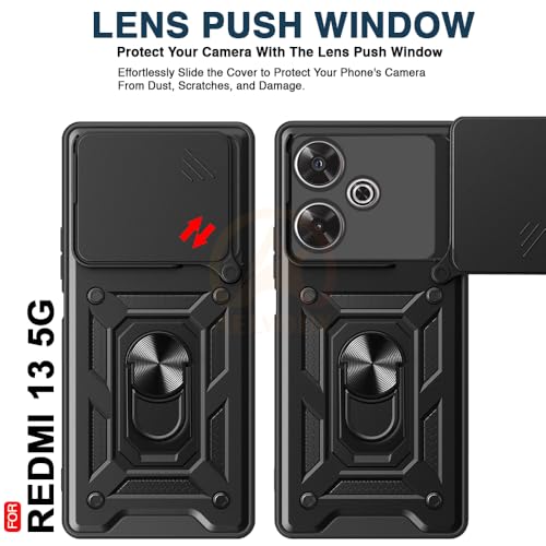 Image of Armor Bumper Back Cover Case for Redmi 13 5G / Poco M6 Plus 5G Rotating Camera Cover, Ring Holder & Kickstand | Heavy Duty & 360 Degree Protection Back Cover (Black)