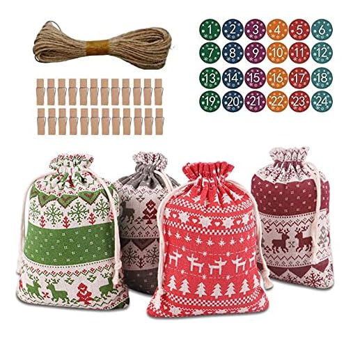 HAIFENGDA Julkalender väskor set, 24 dagar jul nedräkningskalender säckvävspåsar, gör-det-själv godispåsar för semester, återanvändbar nedräkningspresent, julgodis och godispåsar, för vuxna och barn