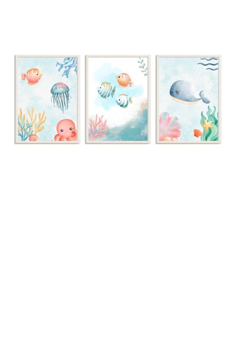 Décoration murale enfant baleine bleue et bateau avec lot de 3 posters mer