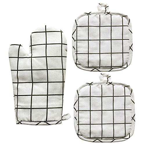 1 Piece Oven Mitts and 2 Pieces Pot Holders Cotton Lining Non-Slip Oven Gloves and Potholders for Kitchen Cooking Baking Grilling BBQ Heat Resistant Hand Protection