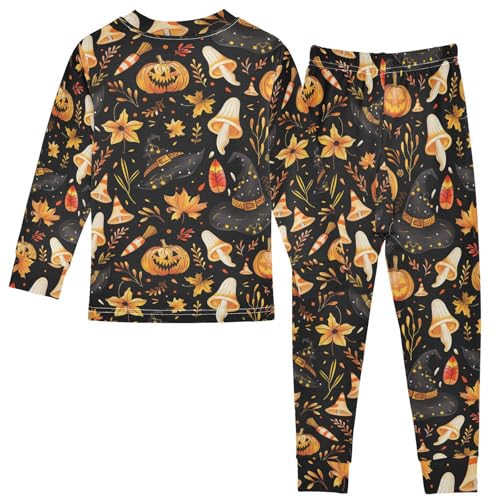 Fustylead Halloween Vibrant Pumpkin Mushroom Witch Hat Leaves Cotton Pajama Sets 2 Piece PJ Top and Bottom Nightwear Set2