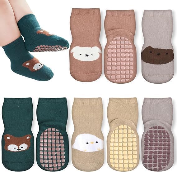 ZINLEY Baby Anti-Slip Cartoon Socks for Boys & Girls | Soft Cotton Non-Skid Socks with Grips for Infants & Toddlers | Breathable, Stretchable, Cute Animal Printed Baby Footwear (Cat Socks)