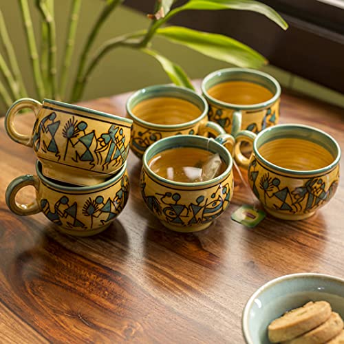 Image of ExclusiveLane Warli Handpainted Ceramic Coffee Mugs Cups Set for Tea of 6 Serving Chai Tea Cups (Set of 6, 220 ML, Sand Yellow, Microwave Safe)