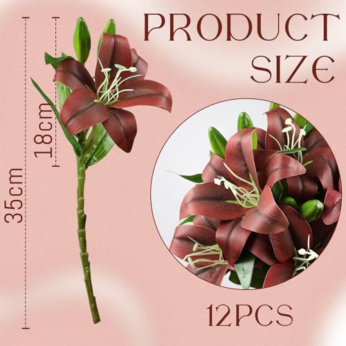 Ikosora 12 Pcs Red Artificial Lily Flower, Realistic Long Stem Real Touch Stargazer Lily - Image 2