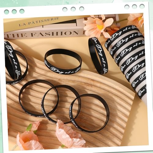60 Pcs One Day at a Time Silicone Motivational Wristbands Black Inspirational Rubber Bracelets Sobriety Gifts for Addiction Recovery Sober Anniversary Alcoholics Anonymous Men and Women4