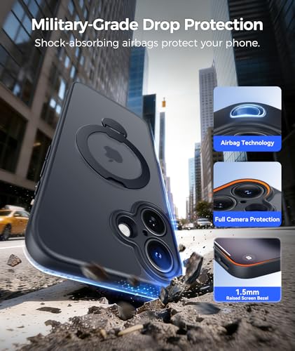 Image of FNTCASE for iPhone 16 Plus Case: [360 Spin Magnetic Stand] [Compatible with Magsafe] [Screen Protector] Translucent Matte Military Grade Shockproof Full Camera Protective Phone Cover - Black
