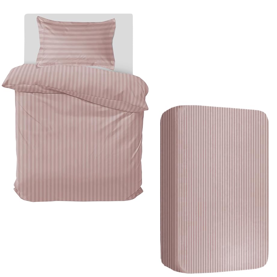 MOONLIGHT20015 3 Piece Single Bedding Set Satin Stripes Duvet Cover Fitted Sheet with Pillow case Hotel Quality Soft Brushed Microfiber Peach