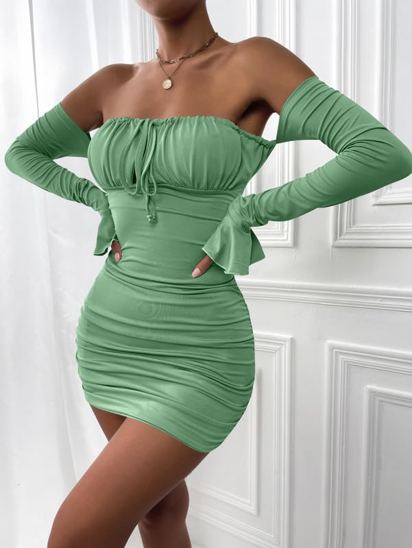 Haibang Robe Moulante à Manches Longues pour Femmes Mini Robe de Soirée Sexy Épaules Dénudées Robe Élégante Robe Courte Bodycon Dress Chic Et Glamour pour Soirée Cocktail Party Fête Clubbin Bal