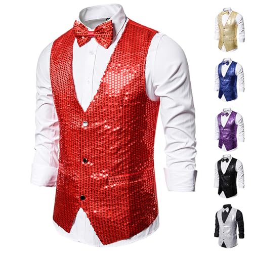 Men's Sequin Suit Vest with Bowtie Formal V-neck Slim Fit Shiny Waistcoat Prom Party Tuxedo Vests