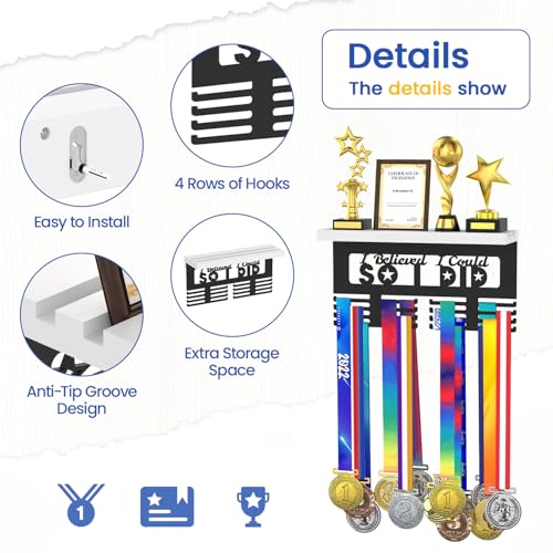 Image of Medal Holder Display Trophy Shelf Organizer, Sturdy Wooden Race Award Hanger Rack with 25 Steel Hooks, Wall Mount Storage Stand for Sports Fans, Cheer Success