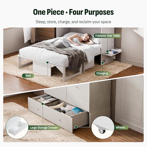 Image of Softa Murphy Bed Full with Drawer, 1200Lb Support, Fold-Down Side Table & Charging Station, Mattress Storage Space, No Box Spring Needed, Space Saving Murphy Bed Cabinet for Guest Room & Home Office